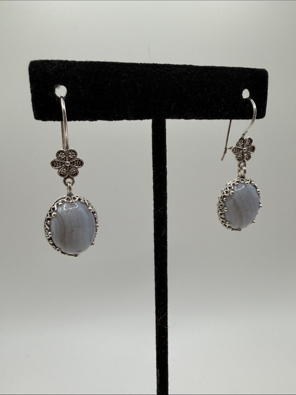 Sterling Silver Blue Lace Agate Dangle Earrings signed 925 Jaja Turkey